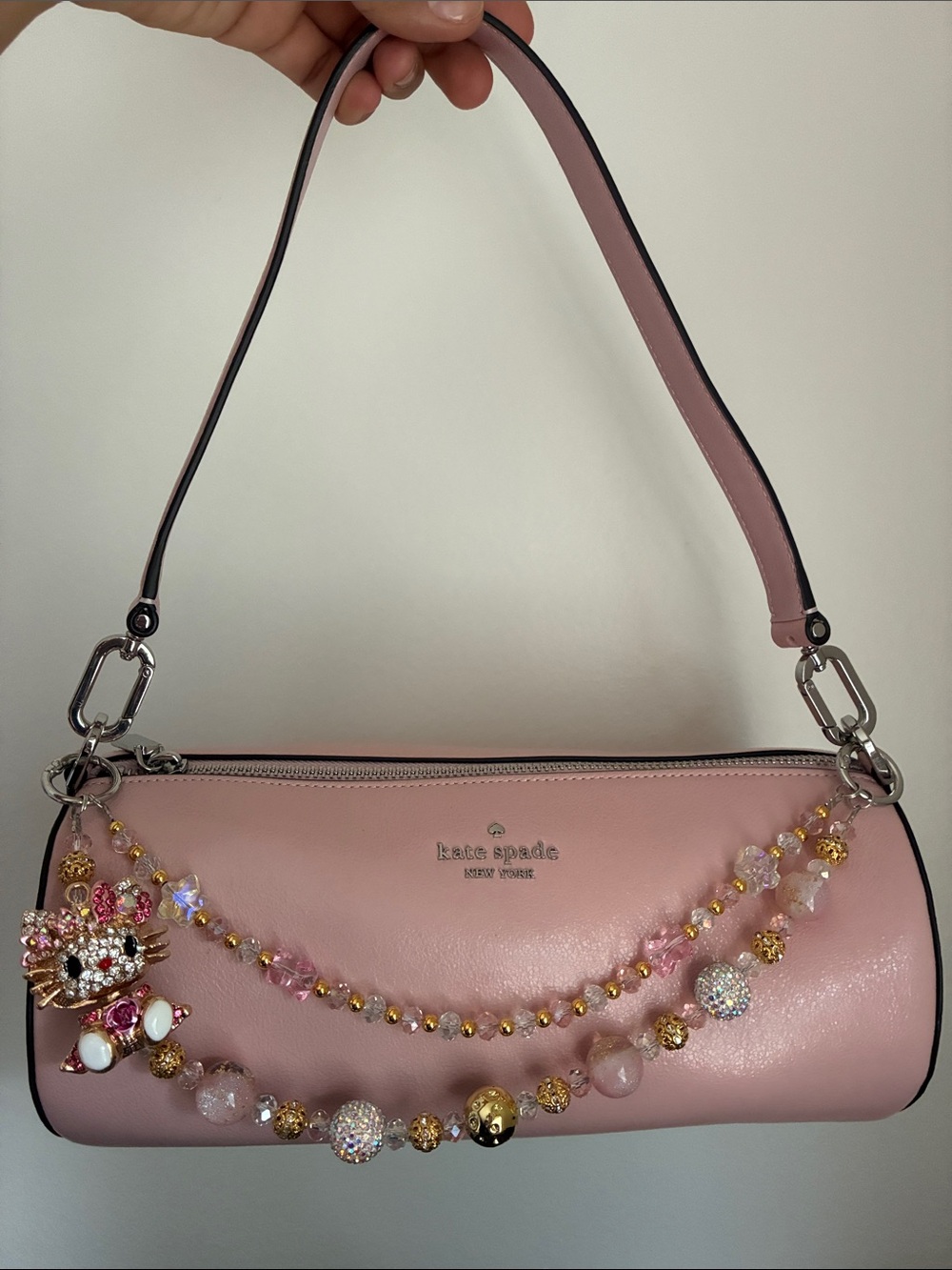 Pink Crystal Hello Kitty Beaded Double Chain Strap Keychain